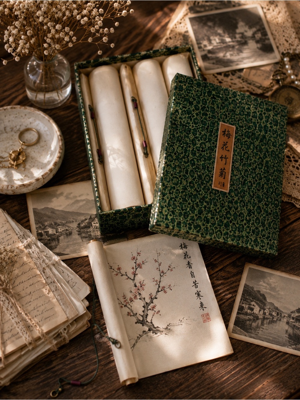 Vintage Chinese Hanging Wall Scroll Set 3-Piece Triptych Plum Orchid Bamboo Box